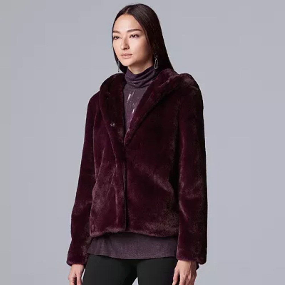 Women's Simply Vera Vera Wang Faux Fur Hooded Jacket, in the color Wine Tasting